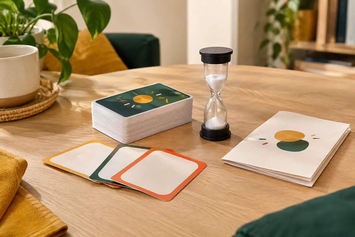 Cartes de quiz, sablier de 30 secondes et livret de règles disposés sur une table en bois clair.