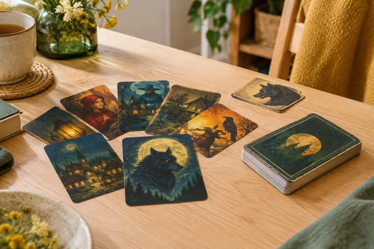 Cartes illustrées sur le thème des loups-garous disposées sur une table en bois clair