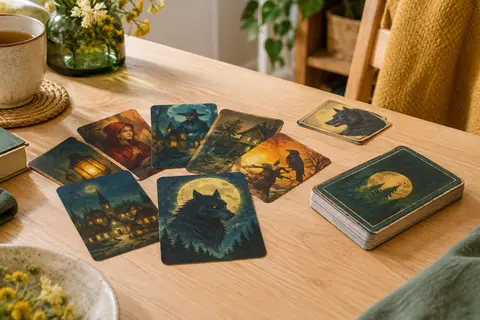 Cartes illustrées sur le thème des loups-garous disposées sur une table en bois clair