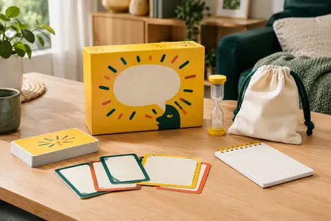 Boîte jaune de jeu d’ambiance avec cartes, sablier, carnet de score et sac sur une table en bois clair.
