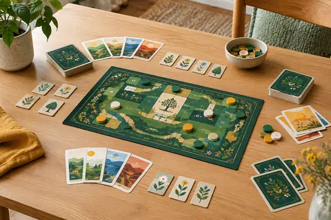 Cartes, tapis et jetons du jeu Top Ten disposés sur une table en bois clair dans une pièce accueillante.