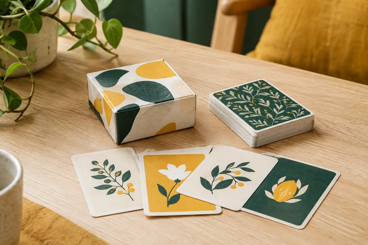 Boîte compacte de Trio et cartes colorées sur une table en bois clair dans un intérieur lumineux.