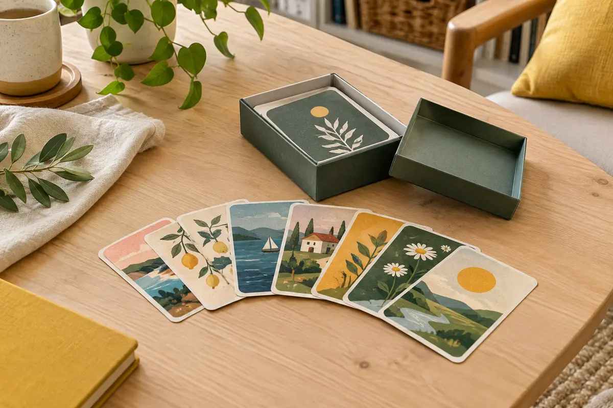 Jeu de cartes Pigeon Pigeon disposé en éventail sur une table en bois clair