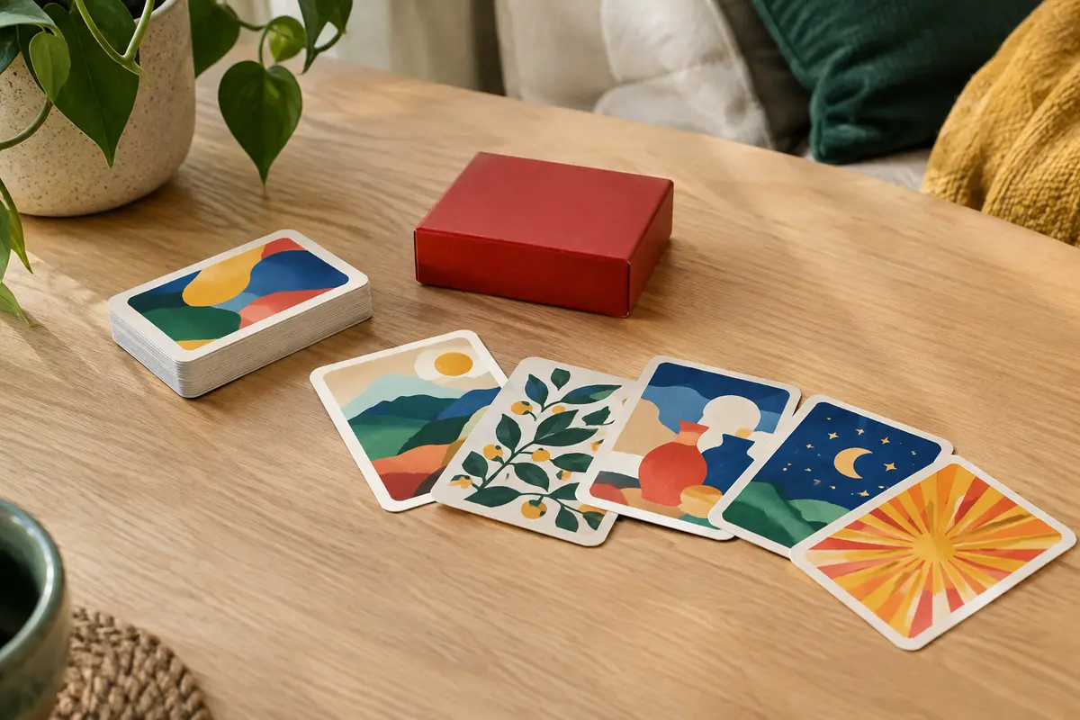 Boîte rouge compacte et cartes multicolores de Speed Bac posées sur une table en bois clair