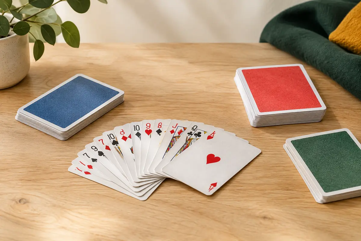 Jeu de cartes Baltrou disposé en éventail sur une table en bois clair dans une pièce lumineuse.