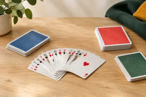 Jeu de cartes Baltrou disposé en éventail sur une table en bois clair dans une pièce lumineuse.