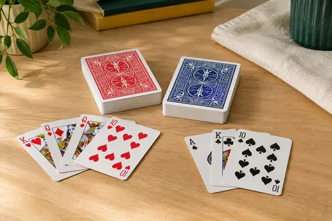Deux jeux de cartes classiques, l’un à dos rouge et l’autre bleu, disposés sur une table en bois clair.