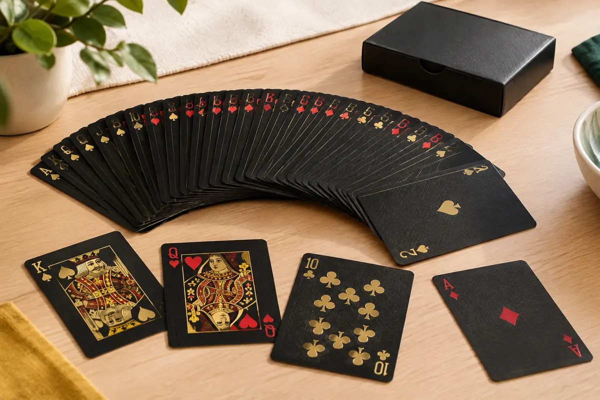Jeu de cartes de poker noir à finition métallique disposé en éventail sur une table en bois clair
