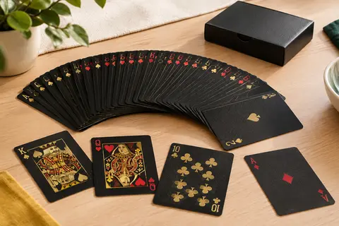 Jeu de cartes de poker noir à finition métallique disposé en éventail sur une table en bois clair