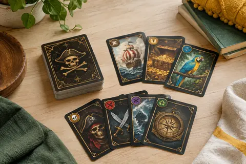 Cartes de jeu pirate aux tons noir, brun et or disposées sur une table en bois clair