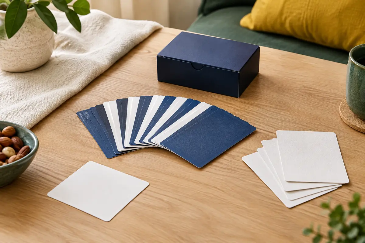 Boîte bleu marine et cartes bleues et blanches d’un jeu d’ambiance posées sur une table en bois clair.