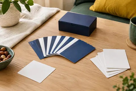 Boîte bleu marine et cartes bleues et blanches d’un jeu d’ambiance posées sur une table en bois clair.