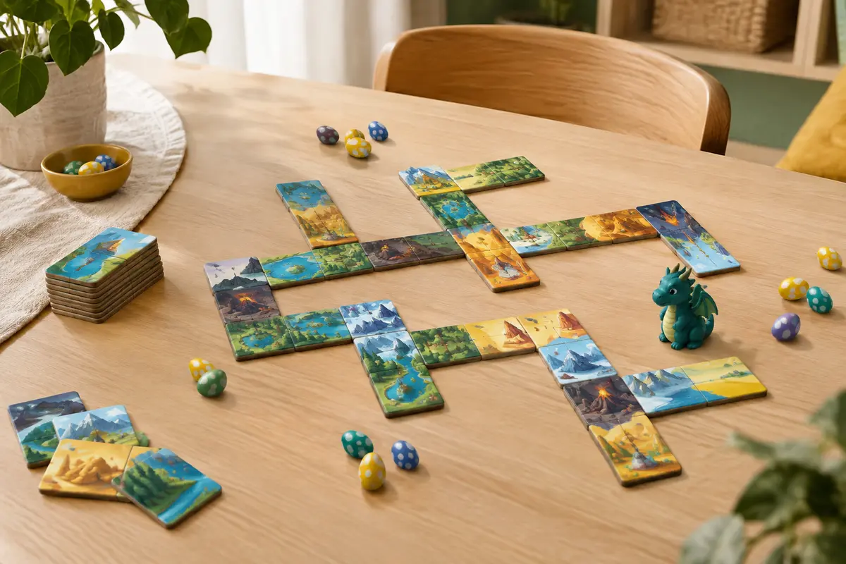 Dominos colorés, jetons Œuf et pion dragon du jeu Dragomino disposés sur une table claire