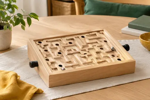 Jeu de labyrinthe BRIO en bois avec poignées extérieures et deux billes métalliques posé sur une table claire.