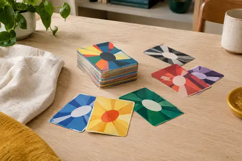 Jeu de cartes multicolores posé sur une table en bois clair dans un intérieur accueillant.