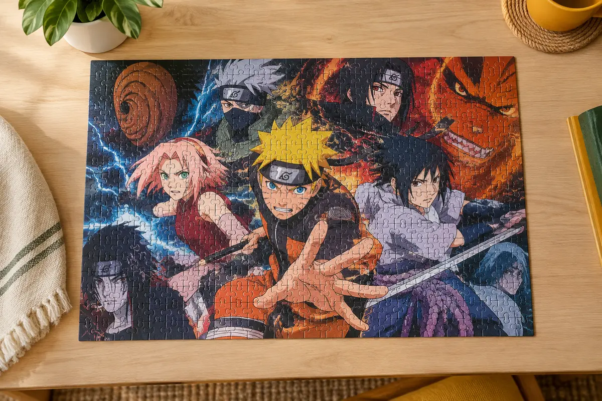 Puzzle Naruto Shippuden de 500 pièces assemblé sur une table en bois clair dans une pièce lumineuse