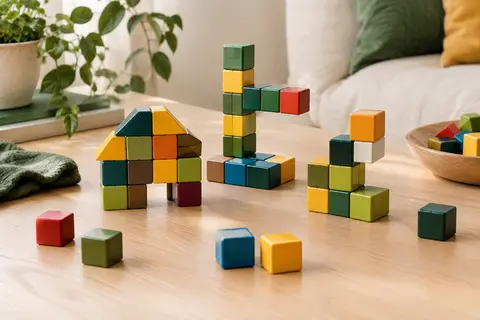 Blocs magnétiques Crifeton colorés assemblés en petites constructions sur une table en bois clair.