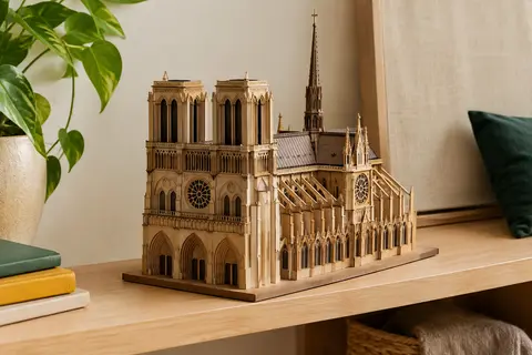 Maquette 3D en carton de Notre-Dame de Paris posée sur une étagère en bois clair.
