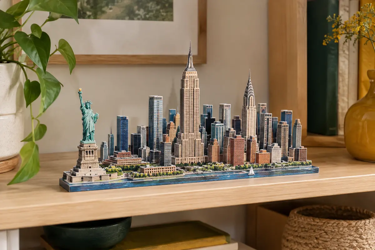Puzzle 3D CubicFun de la skyline de New York posé sur une étagère en bois clair