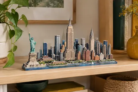 Puzzle 3D CubicFun de la skyline de New York posé sur une étagère en bois clair