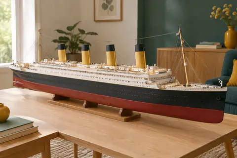 Maquette 3D blanche du Titanic assemblée, éclairée par des LED sous le pont et posée sur une table.