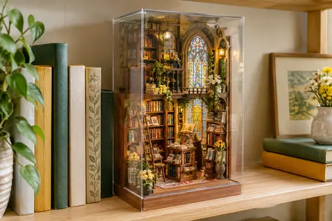 Book nook en bois représentant une librairie miniature éclairée, posé sur une étagère avec sa housse anti-poussière.