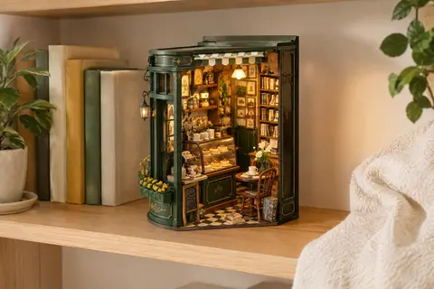 Book nook en bois représentant un café miniature éclairé, posé sur une étagère près de livres.