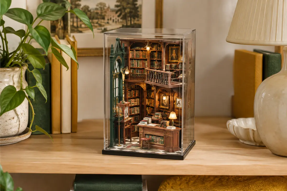 Maquette CUTEBEE en forme de librairie miniature anglaise, exposée sous son couvercle sur une étagère en bois.