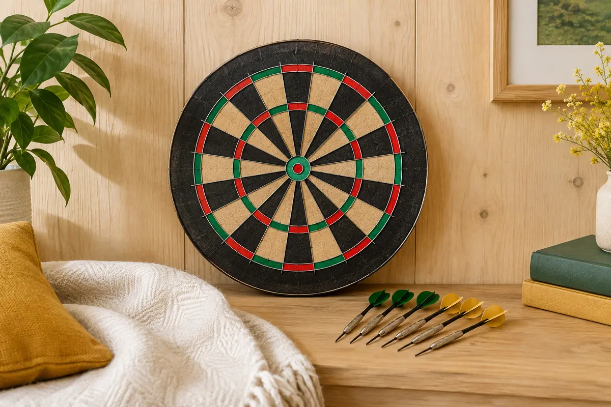 Cible ronde DartPro en sisal brun avec six fléchettes en acier dans un intérieur lumineux