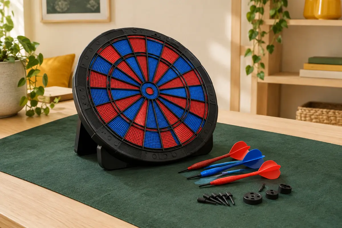 Cible électronique de fléchettes DartPro rouge et bleue avec fléchettes souples, dans une pièce claire.