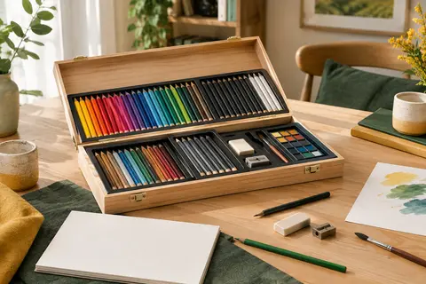 Coffret de dessin en bois ouvert avec crayons colorés, pinceau, gomme, taille-crayon et bloc A5.