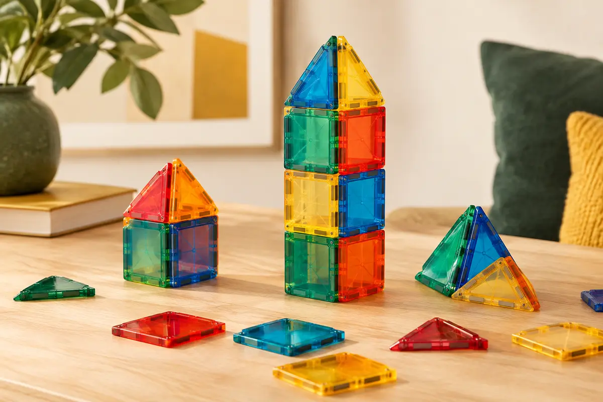 Blocs magnétiques translucides et colorés assemblés en formes géométriques sur une table en bois clair.