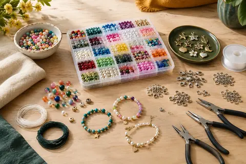Perles multicolores, breloques, cordons en nylon et outils de montage pour créer des bijoux