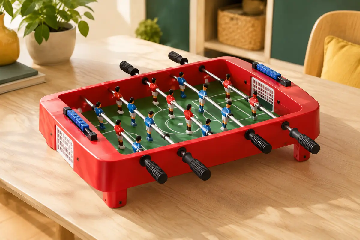 Mini baby-foot de table rouge en plastique posé sur une table en bois clair