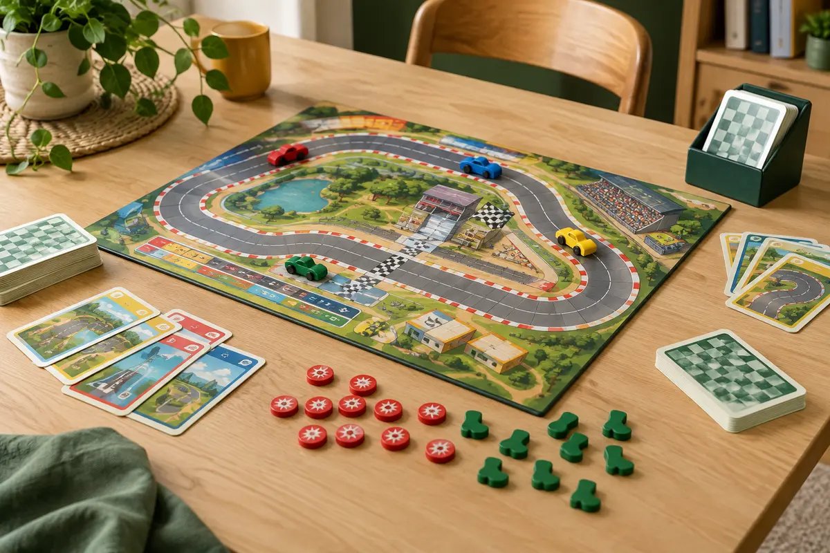 Plateau Mille Bornes avec cartes, quatre voitures colorées et pions rouges et verts sur une table en bois clair.
