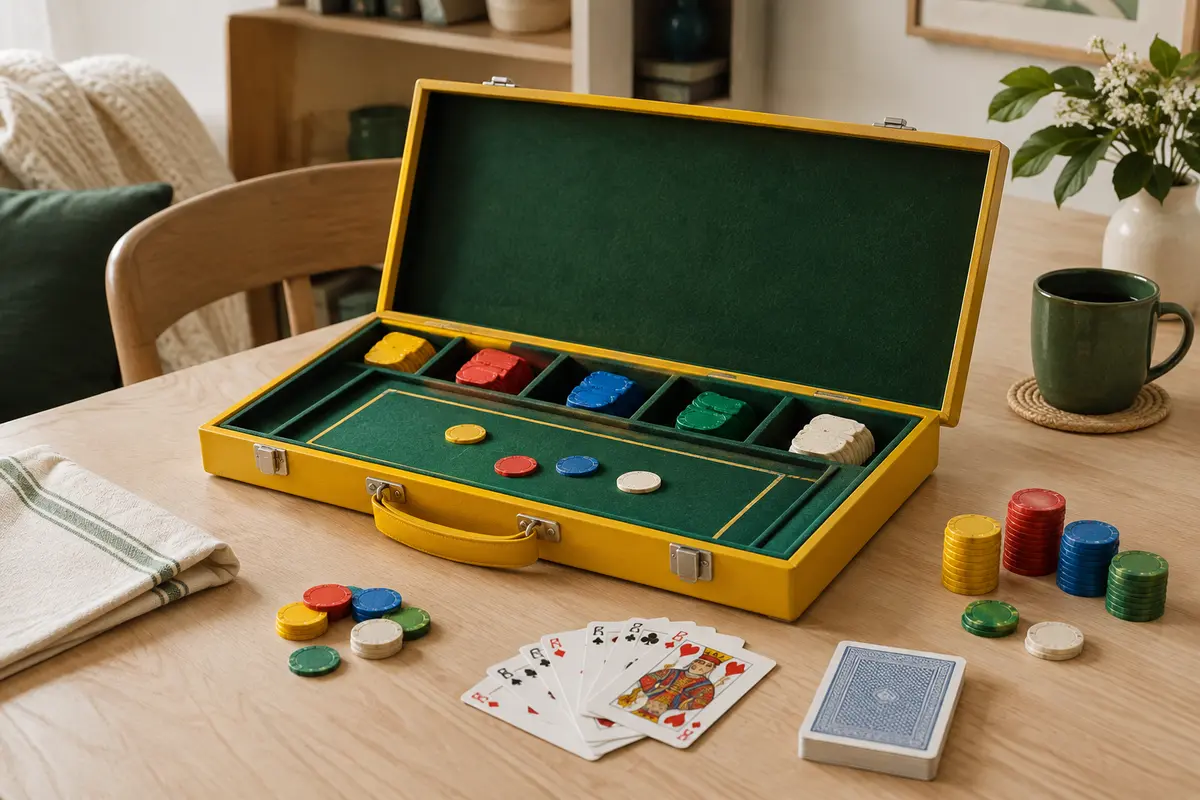 Mallette jaune aménagée en plateau avec cartes à jouer, cases de mise amovibles et jetons colorés