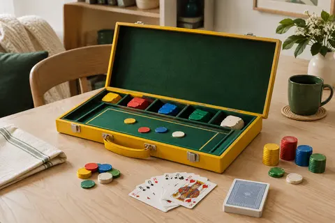 Mallette jaune aménagée en plateau avec cartes à jouer, cases de mise amovibles et jetons colorés