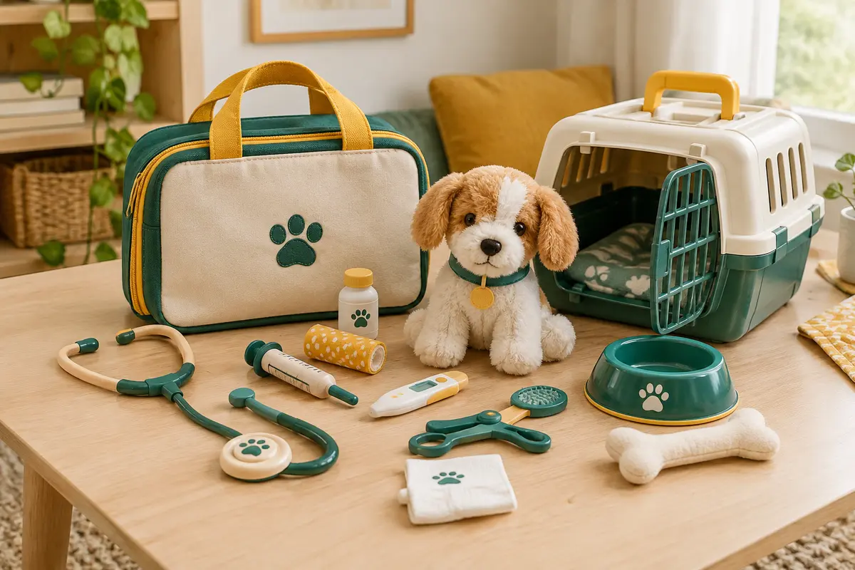 Valisette vétérinaire Ecoiffier avec chien en peluche, caisse de transport et accessoires de jeu