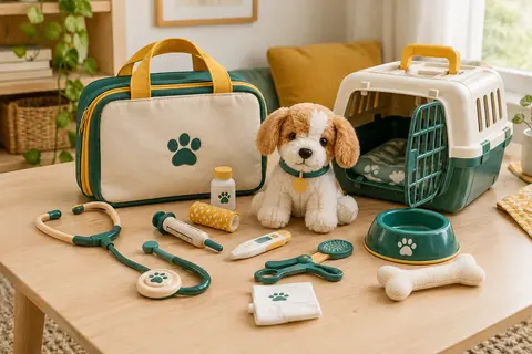 Valisette vétérinaire Ecoiffier avec chien en peluche, caisse de transport et accessoires de jeu