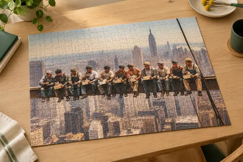 Puzzle Educa assemblé de 1500 pièces montrant des ouvriers déjeunant sur un chantier à New York