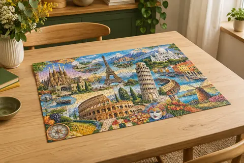 Puzzle rectangulaire de 2000 pièces assemblé, sur le thème des symboles et monuments d’Europe.