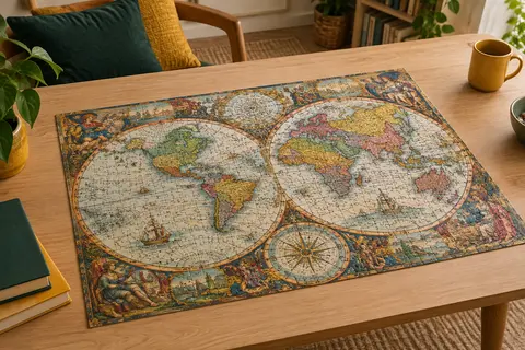 Puzzle Educa assemblé de cartes du monde historiques, composé de 1 000 pièces et posé sur une table en bois clair.