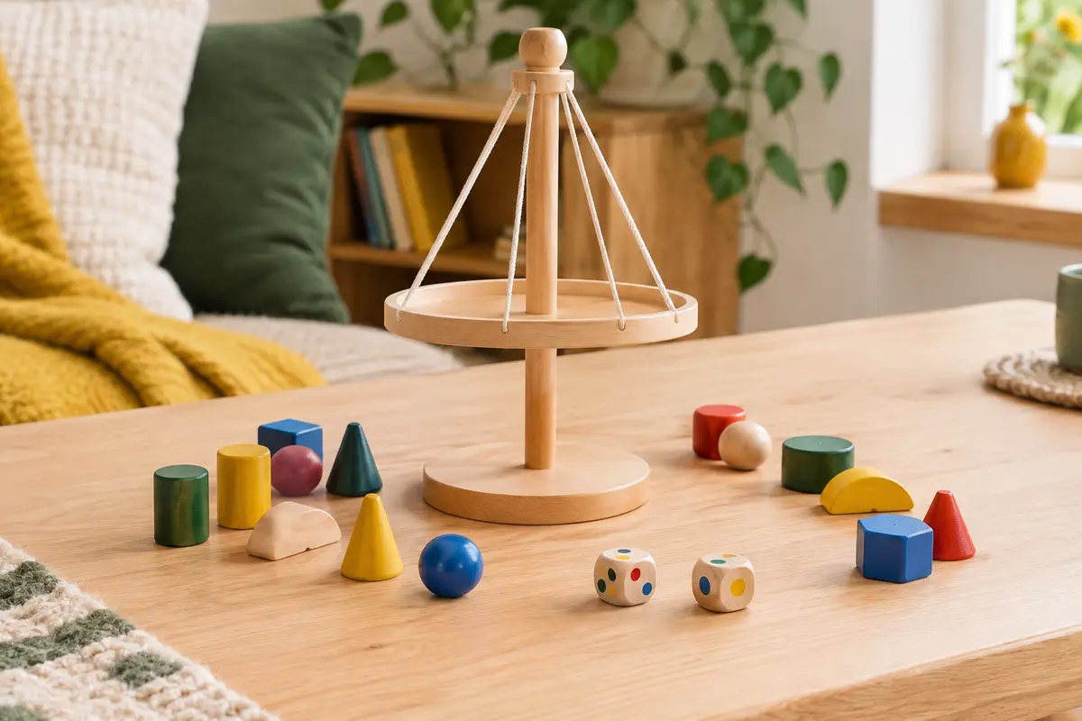 Jeu d’équilibre en bois avec plateau suspendu, pions colorés et deux dés sur une table claire