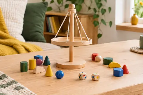 Jeu d’équilibre en bois avec plateau suspendu, pions colorés et deux dés sur une table claire