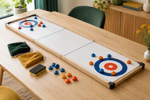 Jeu de curling et de palets réversible Engelhart avec piste, palets bleus et orange et pochettes de rangement