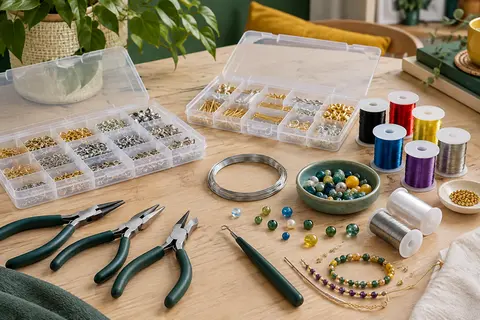 Kit de création de bijoux avec fils colorés, apprêts métalliques, pinces et boîtes de rangement