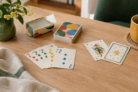 Jeu de cartes compact multicolore disposé sur une table en bois clair dans une pièce accueillante.
