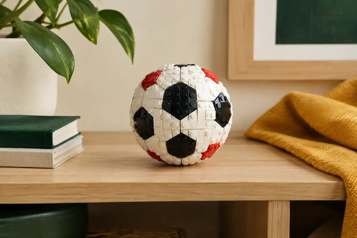 Ballon miniature Liverpool FC assemblé en briques de plastique, posé sur une étagère en bois clair