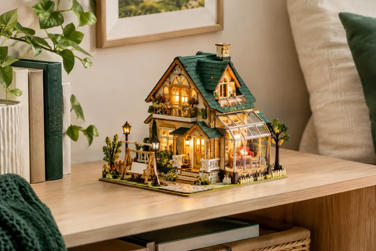 Cottage miniature FUNPOLA en puzzle 3D, avec détails champêtres et éclairage LED chaleureux