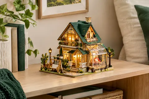 Cottage miniature FUNPOLA en puzzle 3D, avec détails champêtres et éclairage LED chaleureux